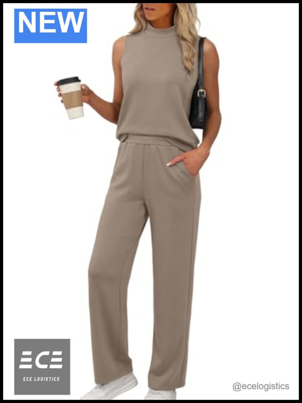 Women's Two Piece Set Sleeveless Mock Neck Wide Leg Pants Travel Lounge